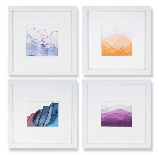 Set of 4, 9"x9" EACH: Moraine Lake Banff National Park, Magenta Wave Study, Alabama Hills California, Palisades Study